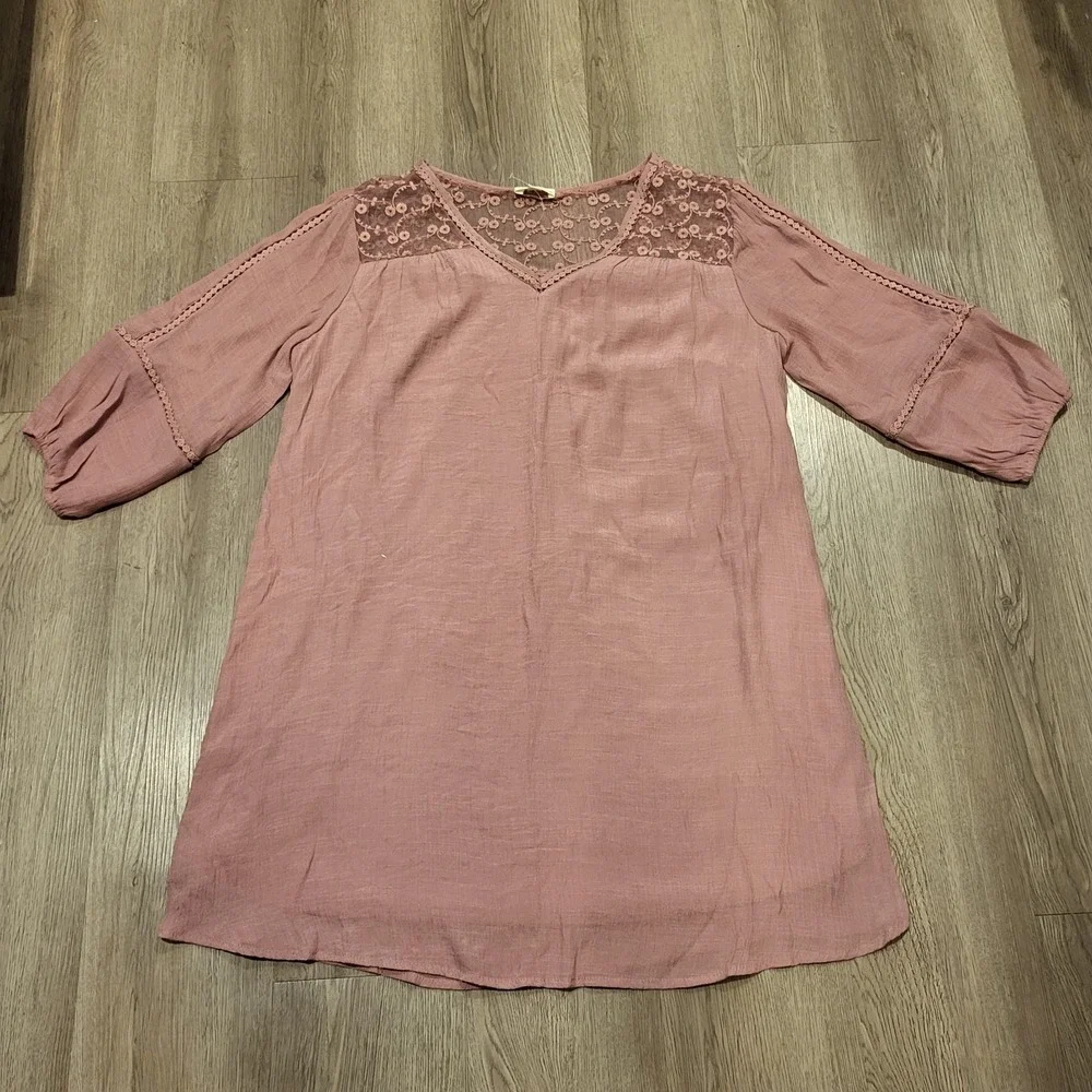 Boho Lace Yoke V-Neck Tunic Dress - Dusty Rose